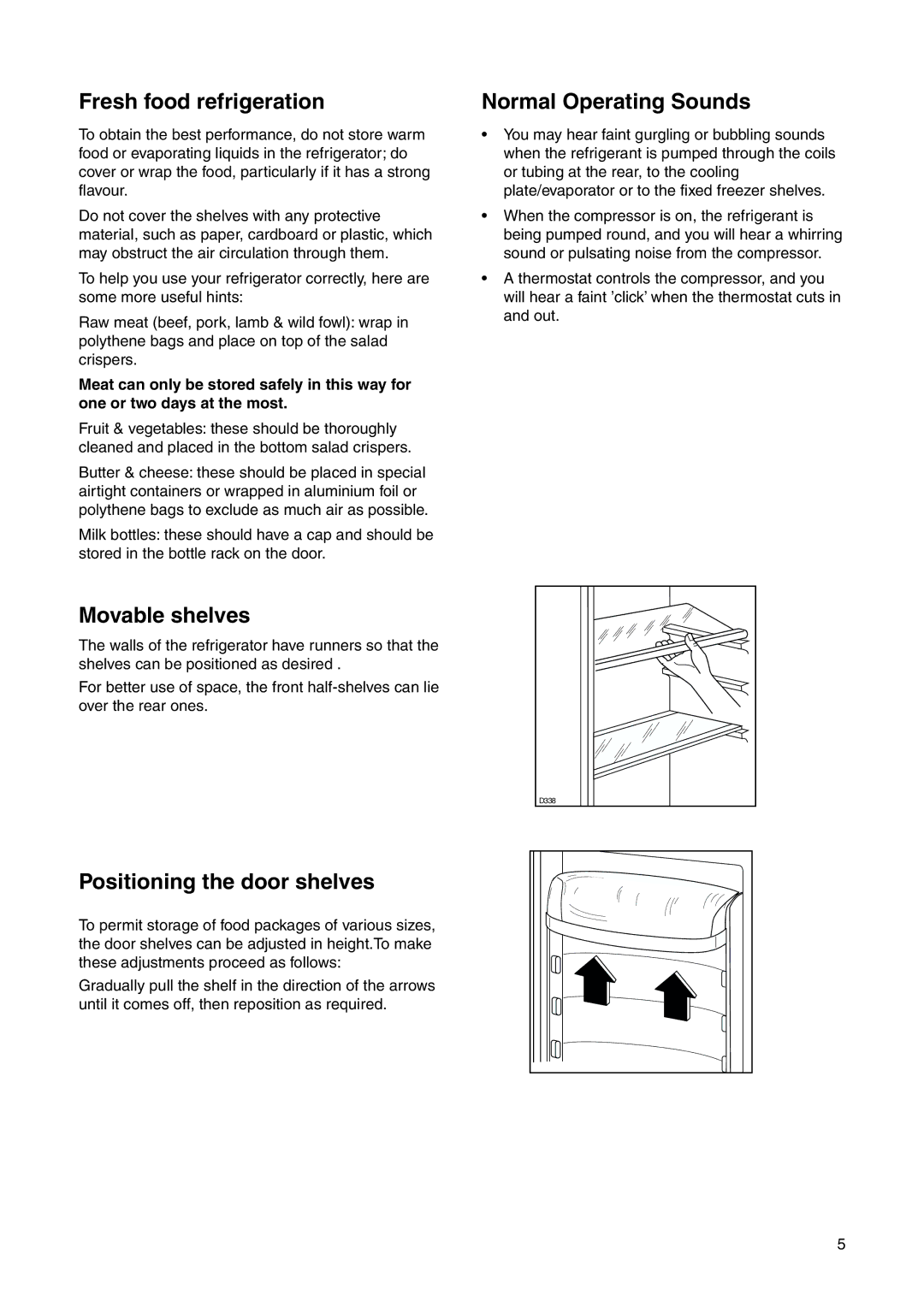 Electrolux ERN 15300 Fresh food refrigeration, Normal Operating Sounds, Movable shelves, Positioning the door shelves 