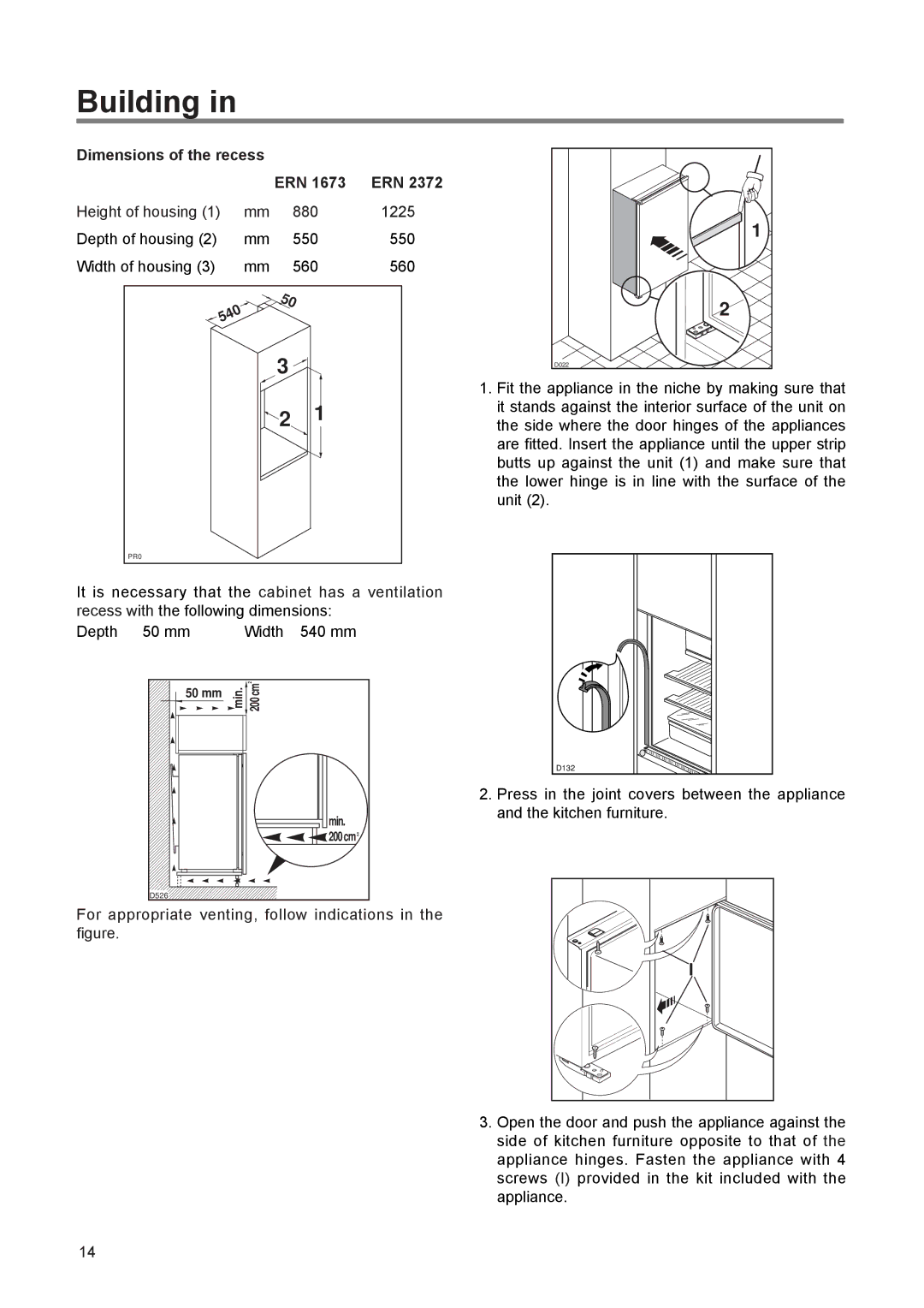 Electrolux ERN 1673 manual Building, Dimensions of the recess ERN 