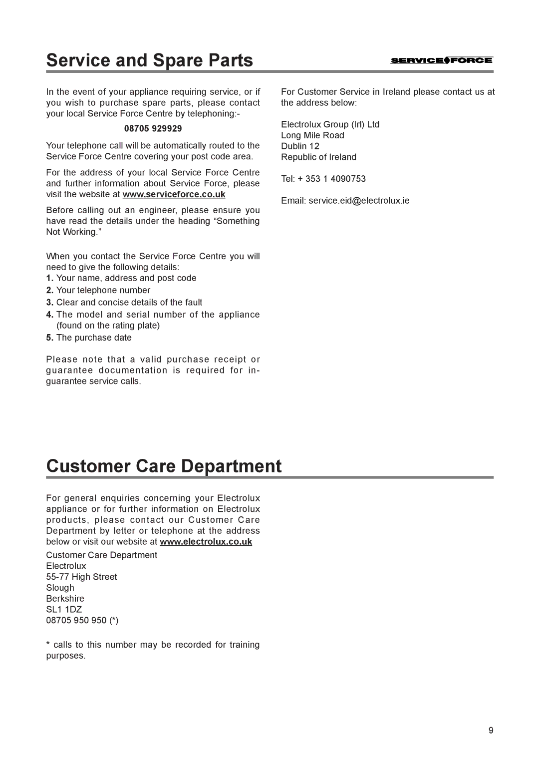 Electrolux ERN 1673 manual Service and Spare Parts, Customer Care Department, 08705 