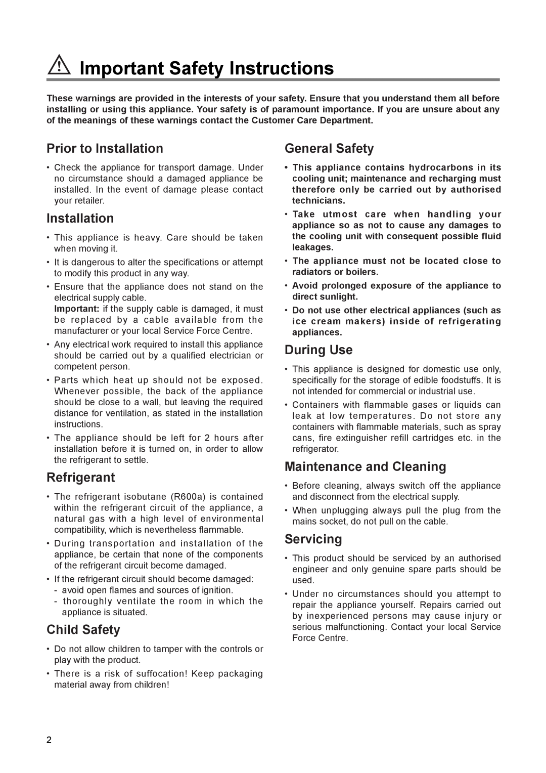 Electrolux ERN 1673 manual Important Safety Instructions, Prior to Installation, Refrigerant, Child Safety, General Safety 