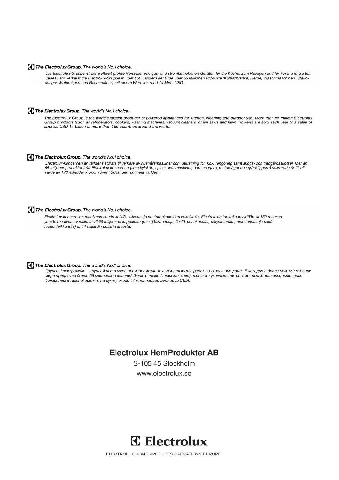 Electrolux ERN 23500, ERN 16300 manual Electrolux HemProdukter AB 