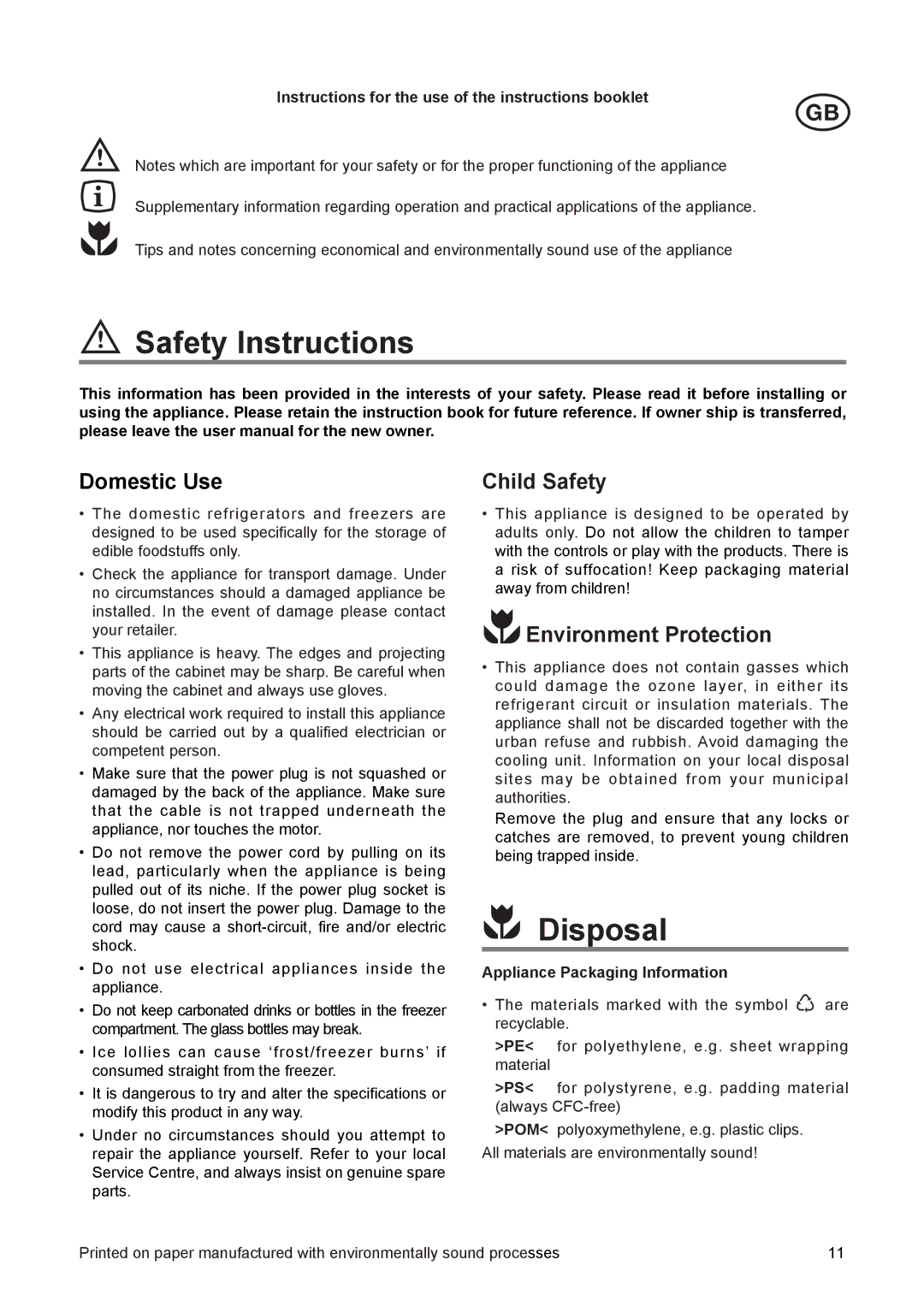 Electrolux ERN 23500, ERN 16300 manual Safety Instructions, Disposal, Domestic Use, Child Safety, Environment Protection 