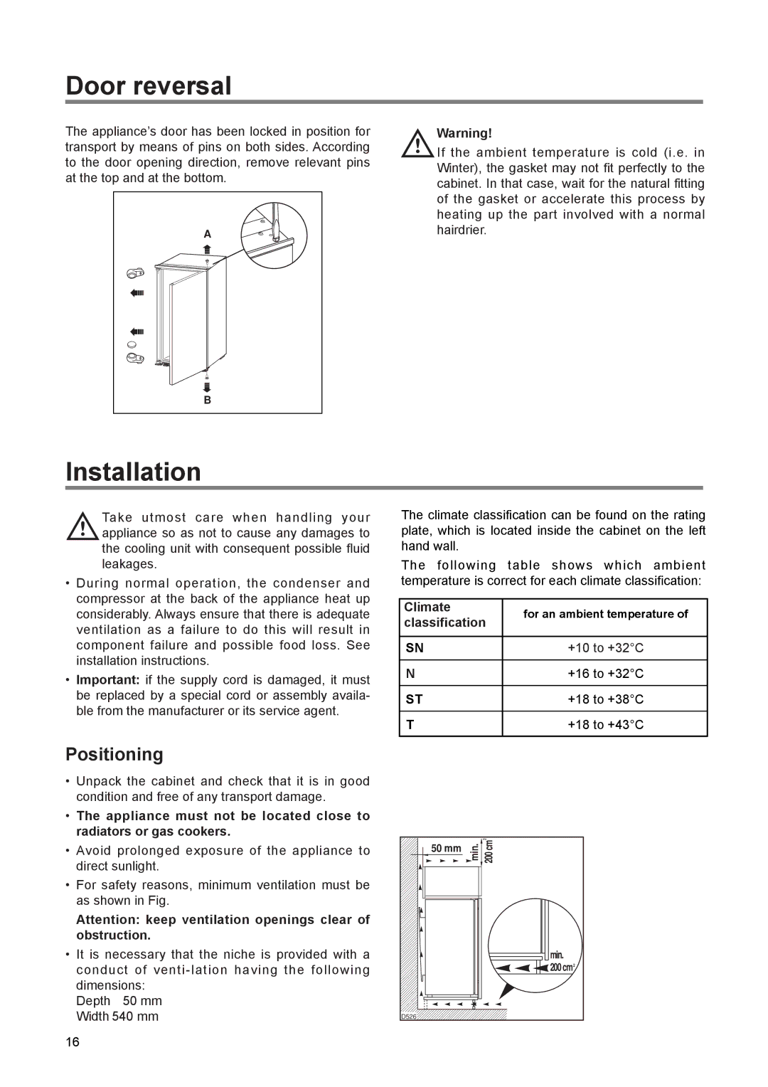 Electrolux ERN 16300, ERN 23500 manual Door reversal, Installation, Positioning, Climate 