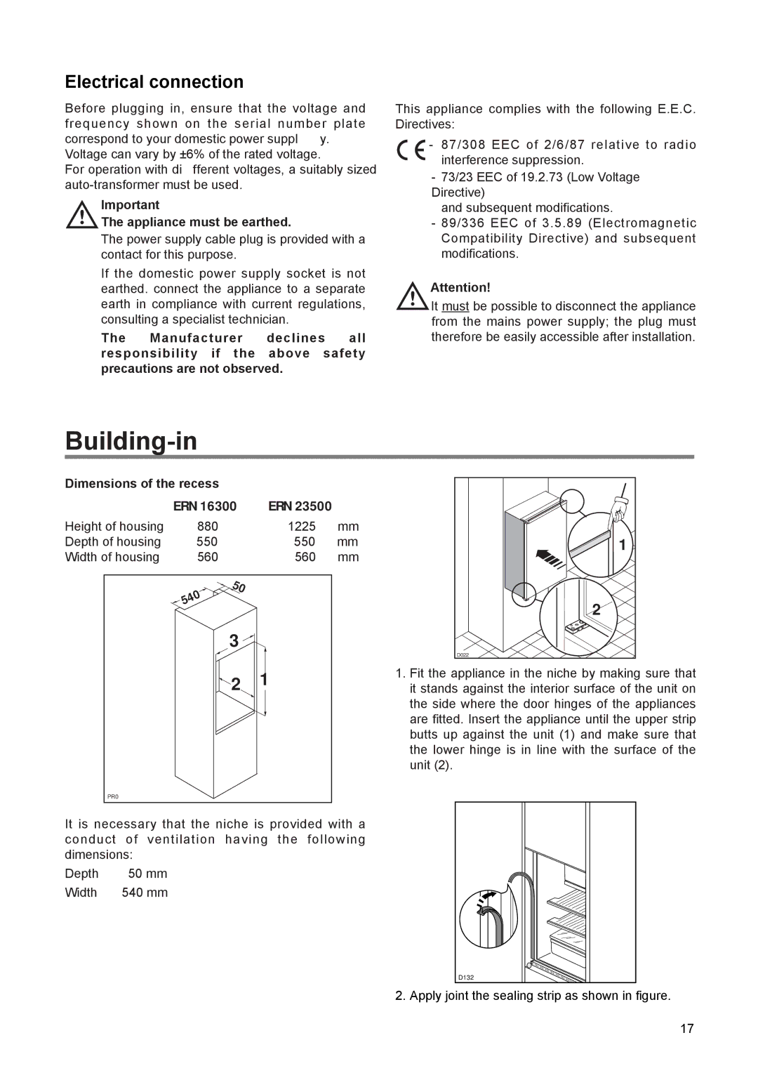 Electrolux ERN 23500 manual Building-in, Electrical connection, Appliance must be earthed, Dimensions of the recess ERN 