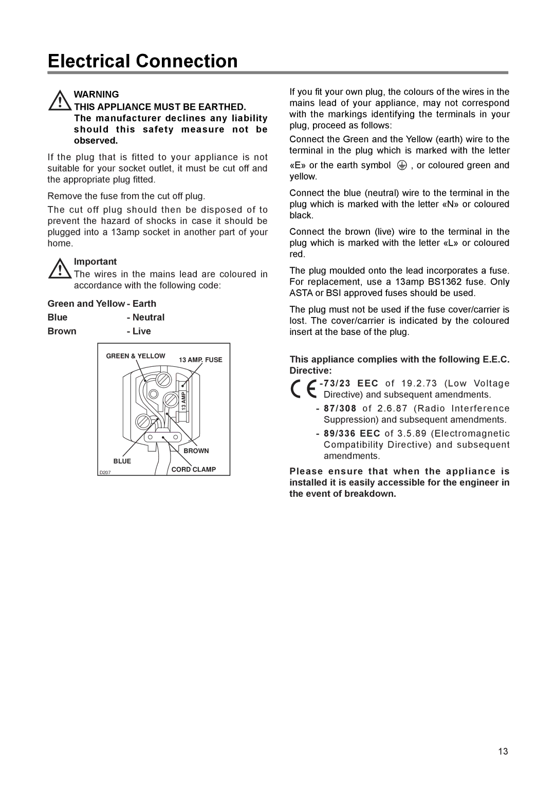 Electrolux ERN 1672, ERN 2372 manual Electrical Connection, Green and Yellow Earth Blue- Neutral Brown Live 