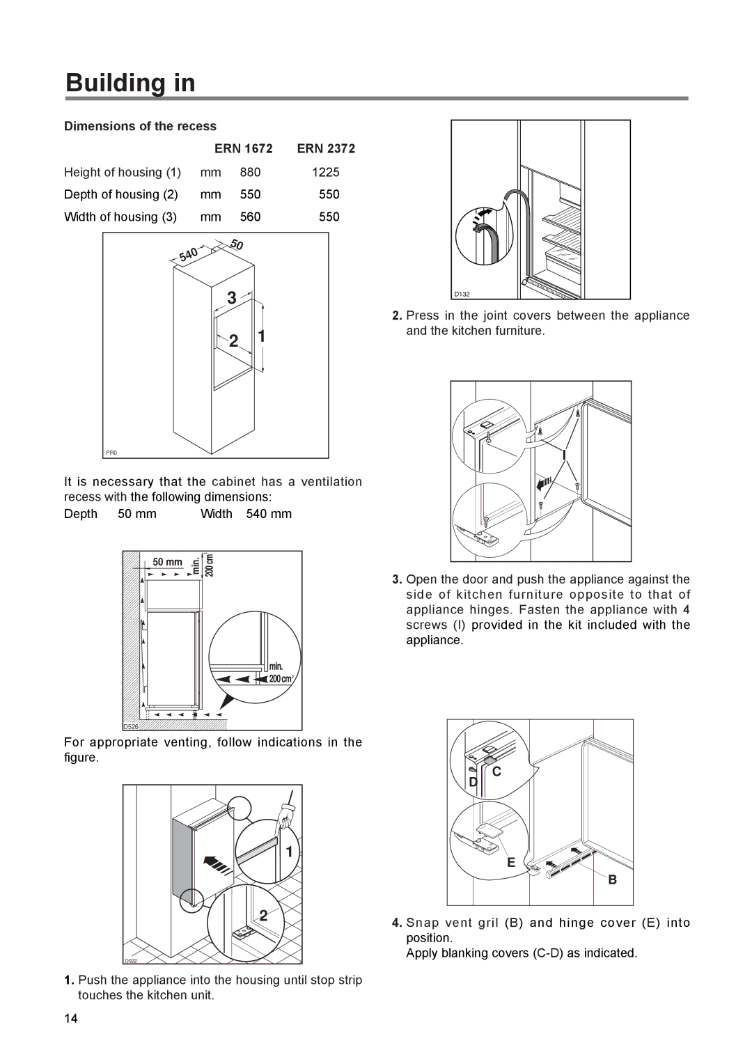 Electrolux ERN 2372, ERN 1672 manual Building, Dimensions of the recess ERN 