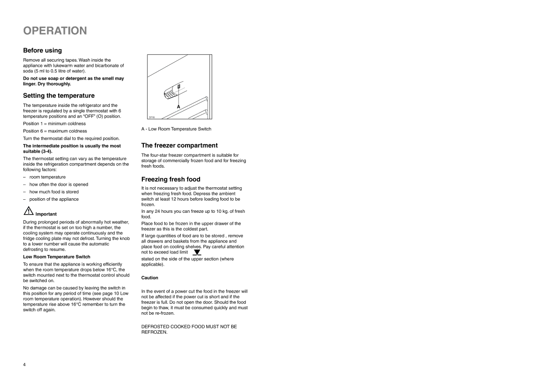 Electrolux ERN 2820 manual Operation, Before using, Setting the temperature, Freezer compartment, Freezing fresh food 