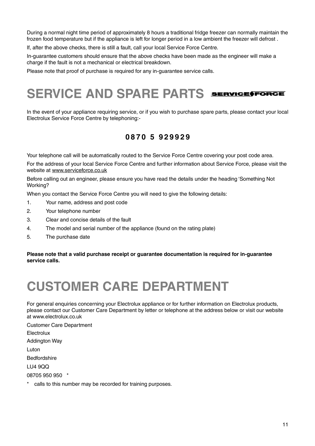 Electrolux ERN 2821 manual Service and Spare Parts, Customer Care Department, 7 0 5 9 2 9 9 2 