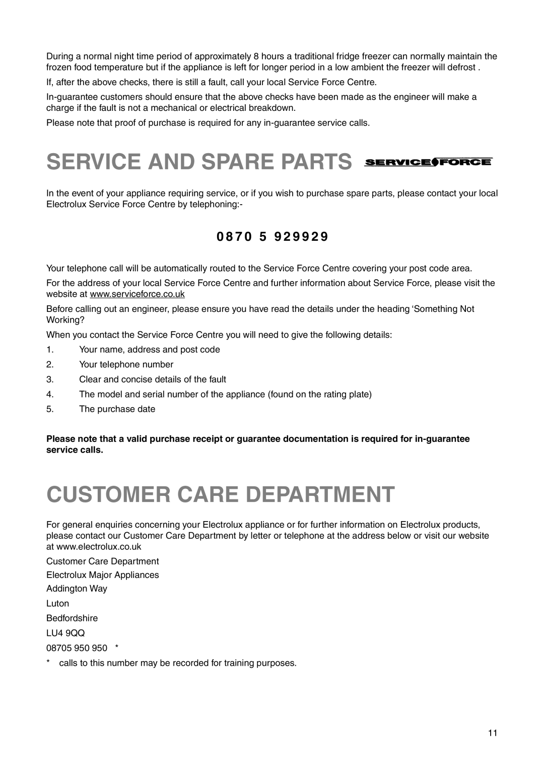 Electrolux ERN 28600 user manual Service and Spare Parts, Customer Care Department, 7 0 5 9 2 9 9 2 