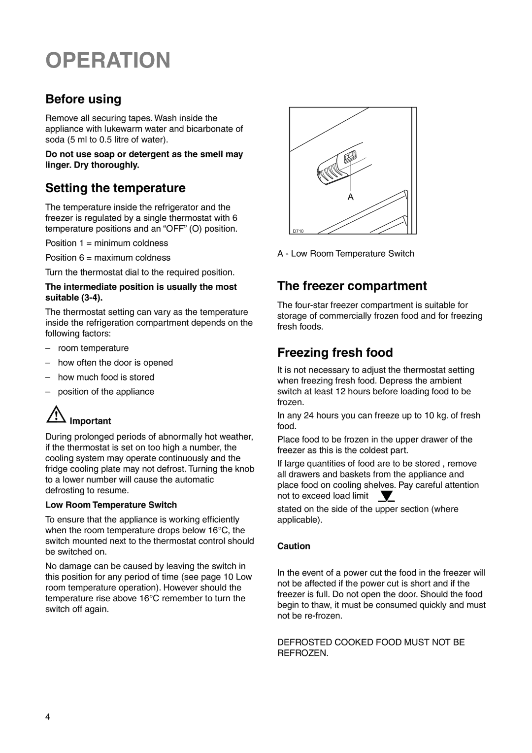 Electrolux ERN 28600 user manual Operation, Before using, Setting the temperature, Freezer compartment, Freezing fresh food 