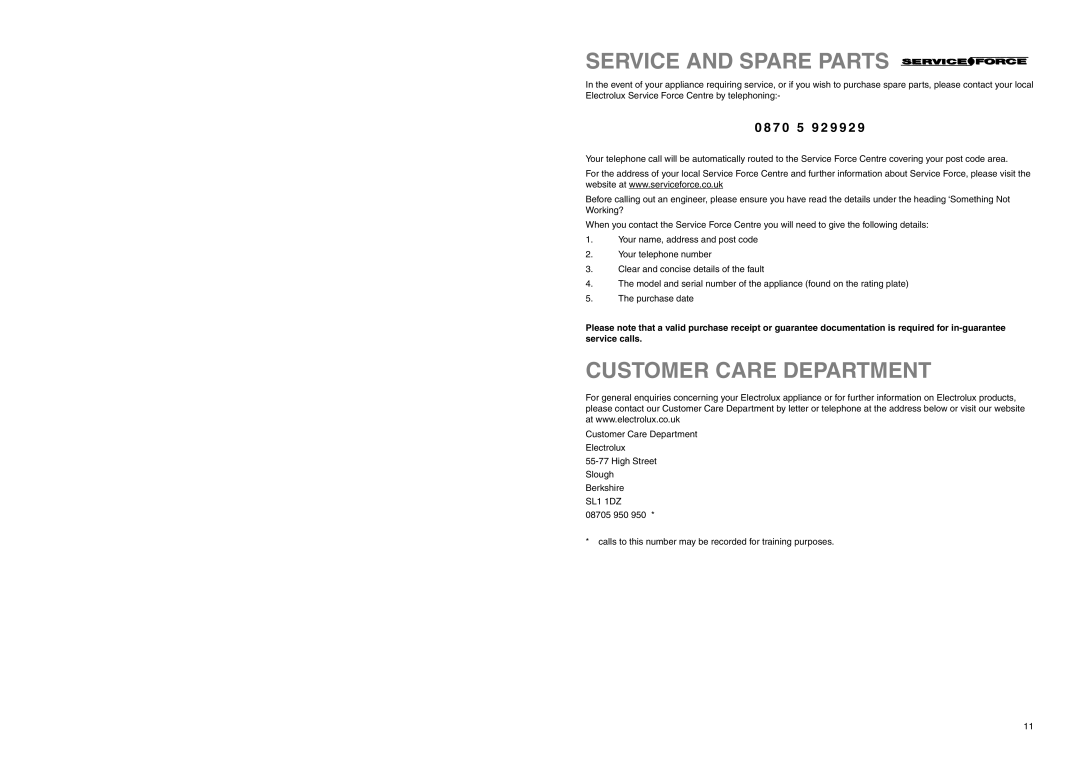 Electrolux ERN 2920 manual Service and Spare Parts, Customer Care Department, 7 0 5 9 2 9 9 2 