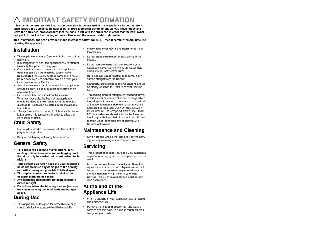 Electrolux ERN 2920 manual Important Safety Information, Installation, Child Safety, General Safety, During Use, Servicing 