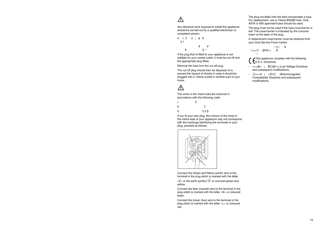 Electrolux ERN 3420 manual Electrical connections, Green and Yellow Earth Blue- Neutral Brown- Live 