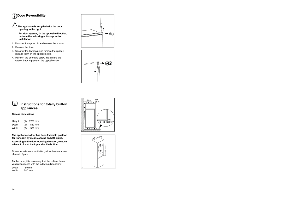 Electrolux ERN 3420 manual Door Reversibility, Instructions for totally built-in appliances, Recess dimensions 