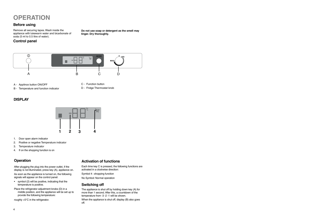 Electrolux ERN 3420 manual Operation, Before using, Control panel, Display, Activation of functions, Switching off 