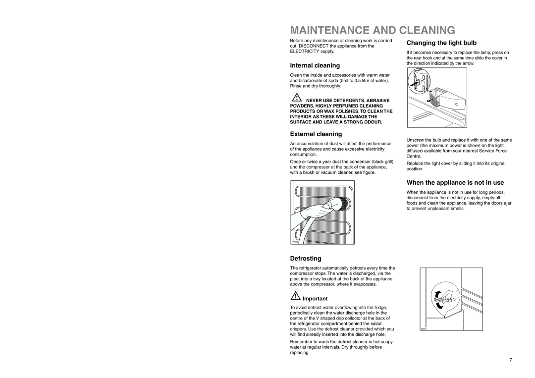 Electrolux ERN 3420 Maintenance And Cleaning, Internal cleaning, External cleaning, Changing the light bulb, Defrosting 