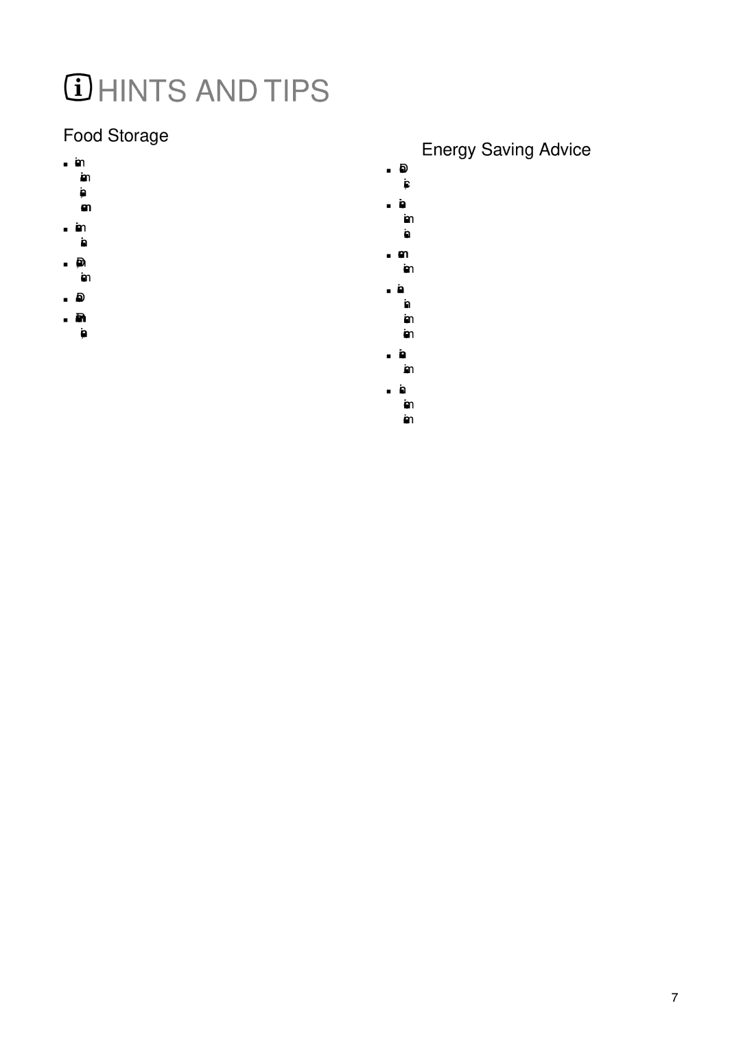 Electrolux ERN 34800 user manual Hints and Tips, Food Storage, Energy Saving Advice 