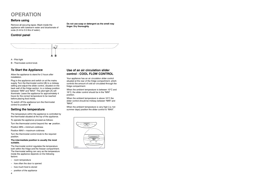 Electrolux ERN 7626 manual Operation, Before using, Control panel, To Start the Appliance, Setting the temperature 