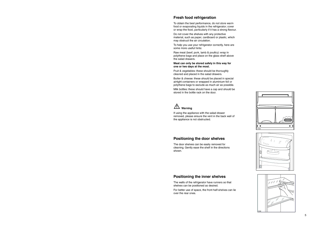 Electrolux ERN 7626 manual Fresh food refrigeration, Positioning the door shelves, Positioning the inner shelves 
