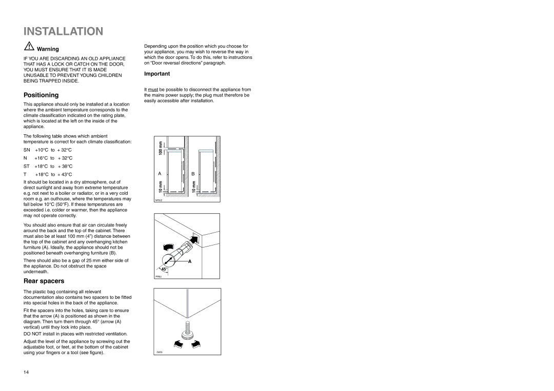 Electrolux ERN 7926 manual Installation, Positioning, Rear spacers 