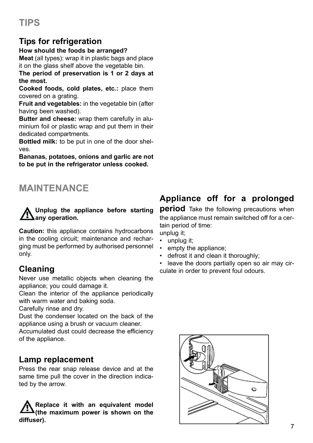 Electrolux ERN23800 manual Maintenance, Tips for refrigeration, Lamp replacement, Appliance off for a prolonged 