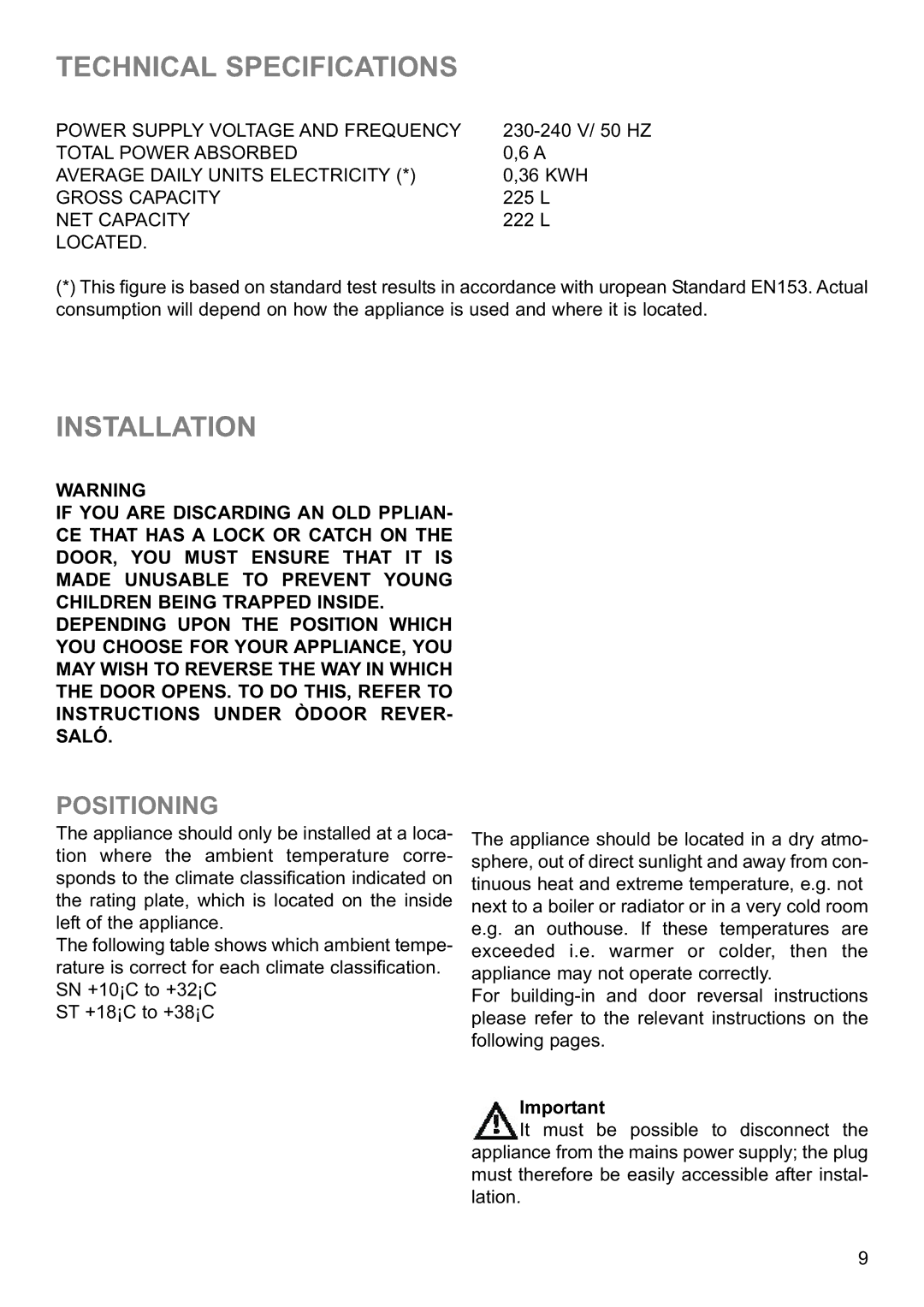 Electrolux ERN23800 manual Technical Specifications, Installation 