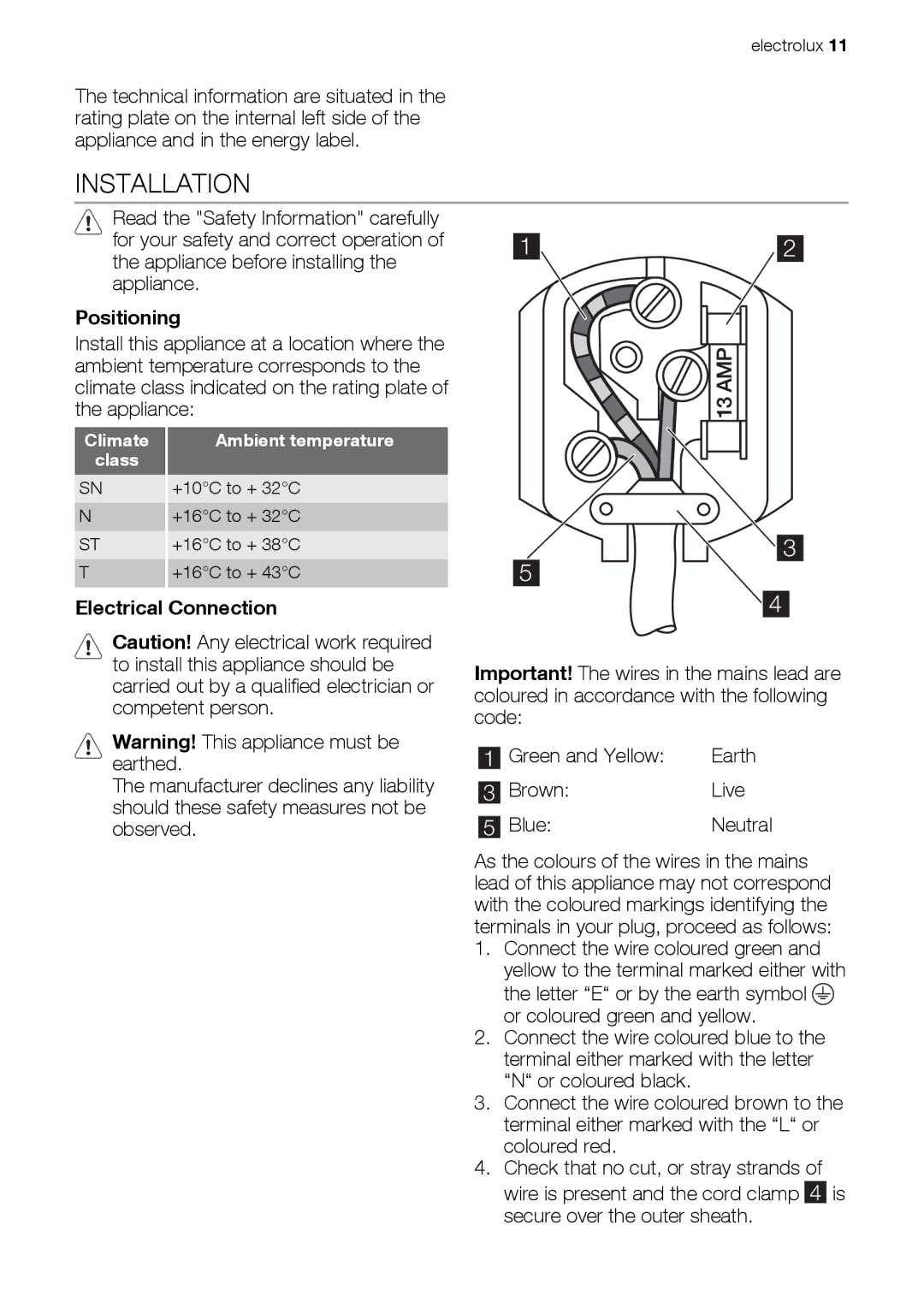 Electrolux ERN28700 user manual Installation, Positioning, Electrical Connection 