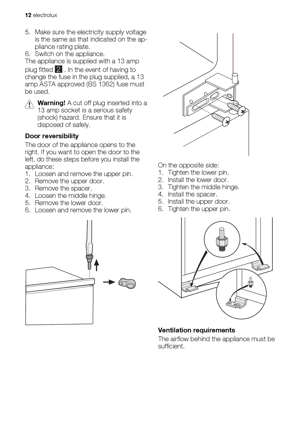 Electrolux ERN28700 user manual Door reversibility, Ventilation requirements 