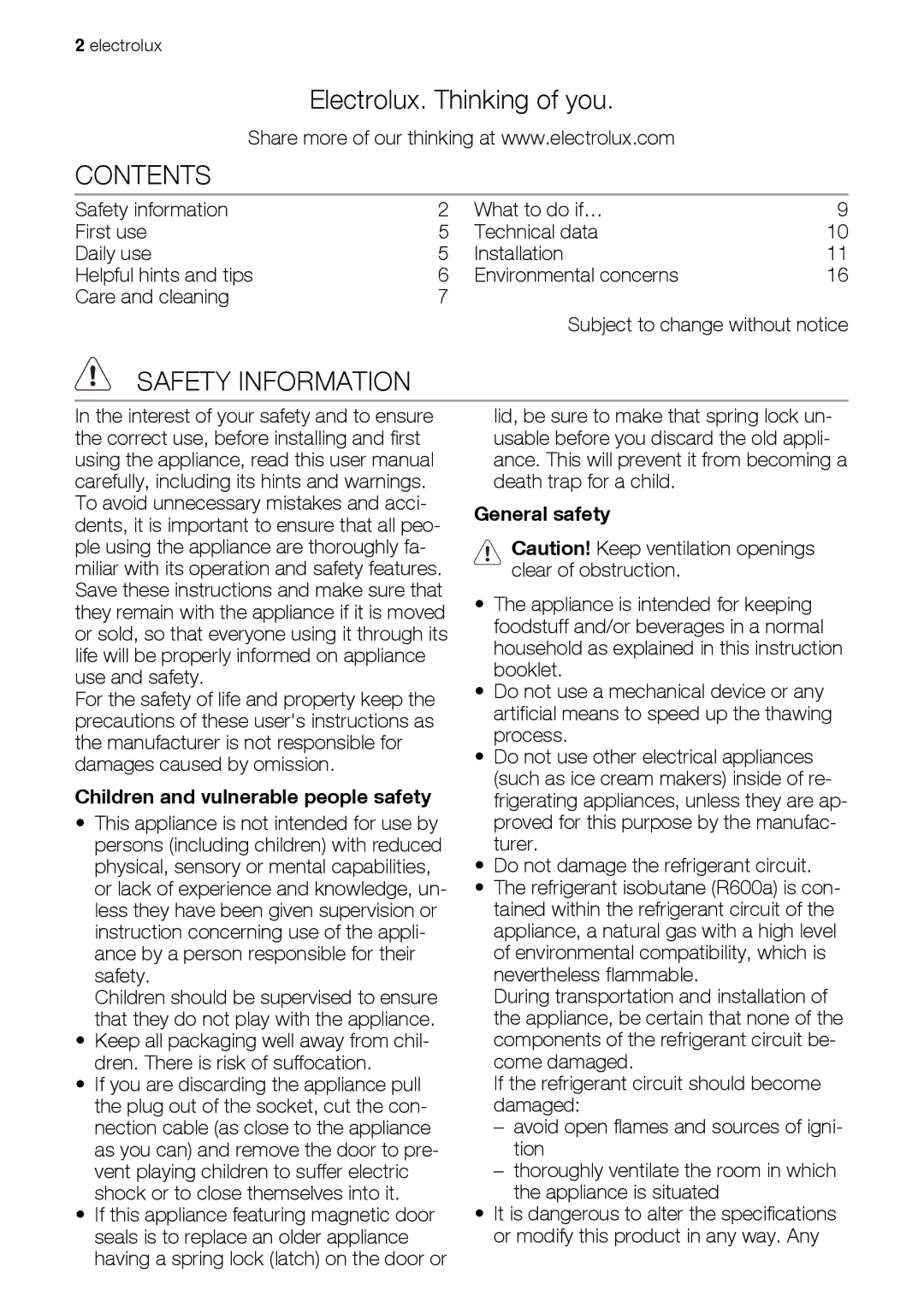 Electrolux ERN28700 user manual Contents, Safety Information 