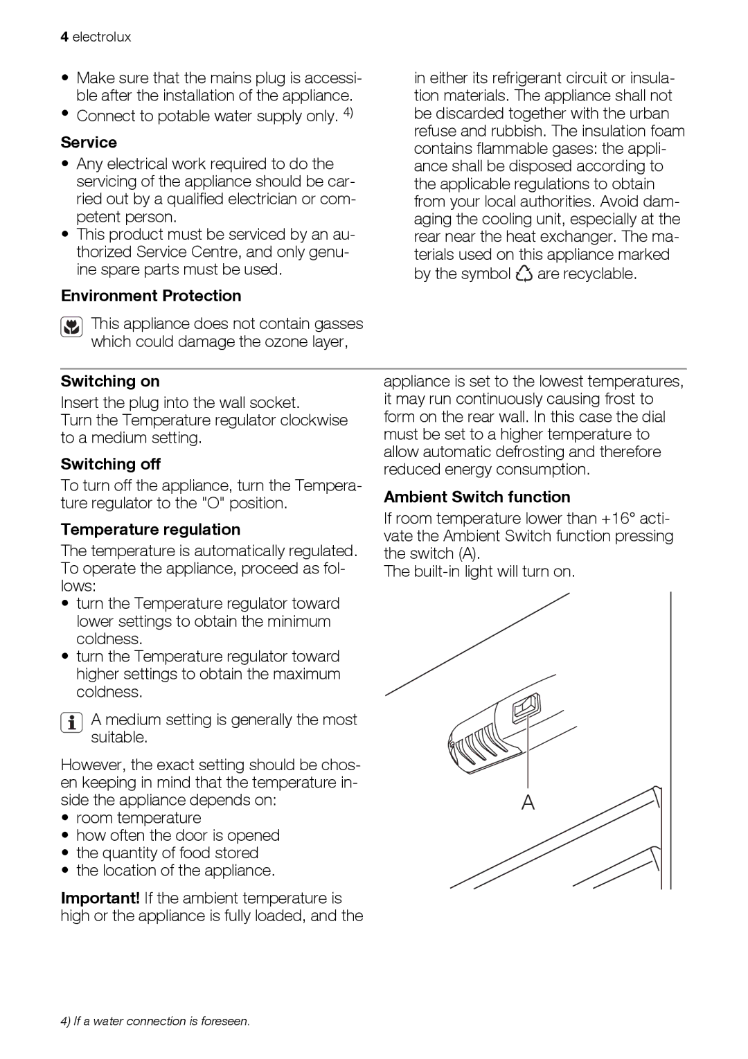 Electrolux ERN28700 user manual Service, Environment Protection, Switching on, Switching off, Temperature regulation 