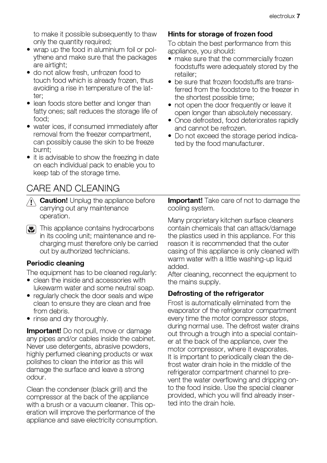 Electrolux ERN28700 Care and Cleaning, Hints for storage of frozen food, Periodic cleaning, Defrosting of the refrigerator 