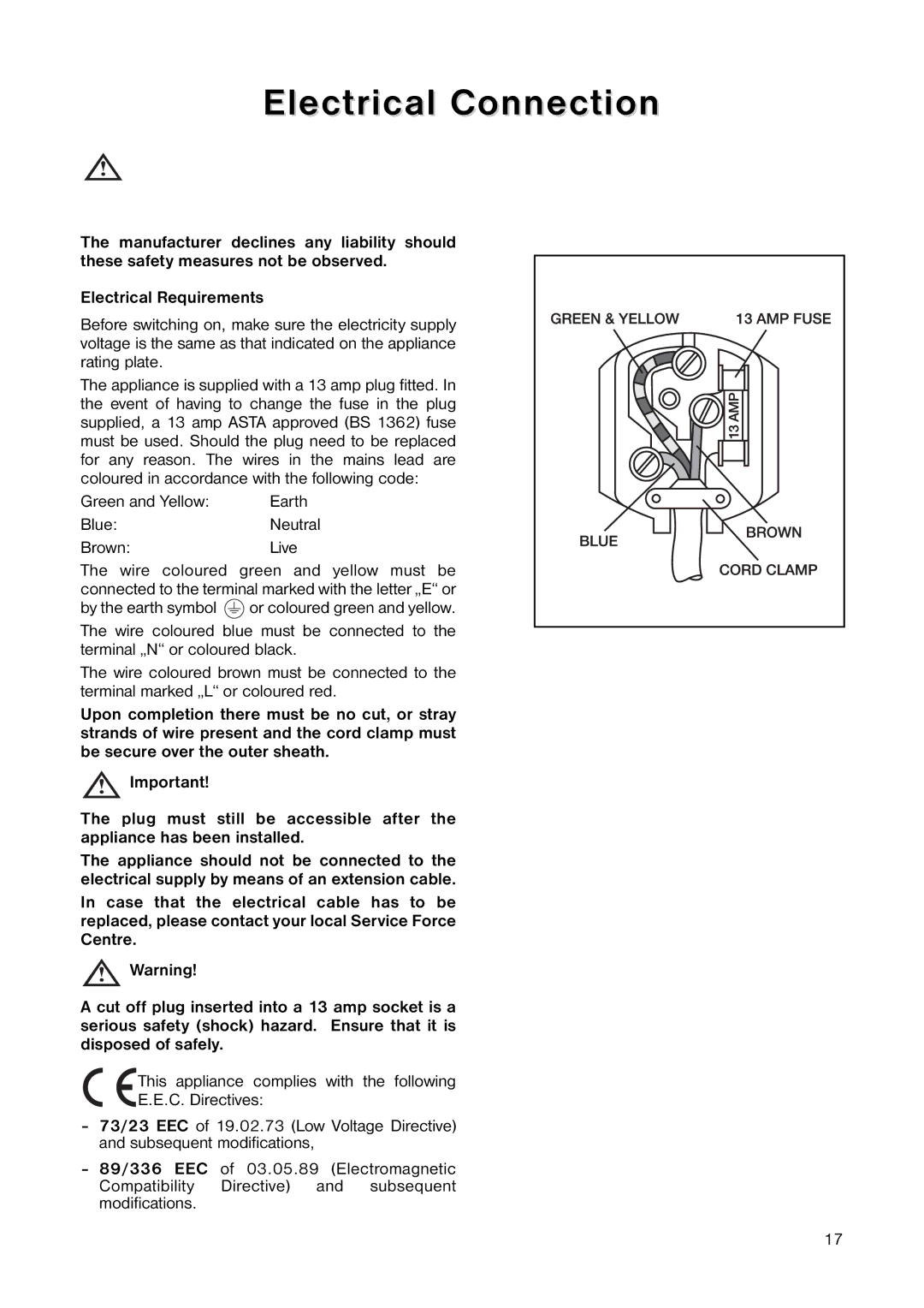 Electrolux ERT 1546 manual Electrical Connection, Green and Yellow, BlueNeutral BrownLive 