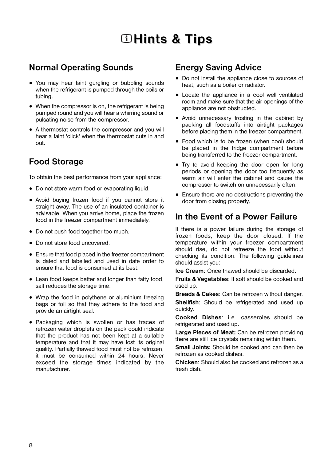 Electrolux ERT 1546 Hints & Tips, Normal Operating Sounds, Food Storage, Energy Saving Advice, Event of a Power Failure 