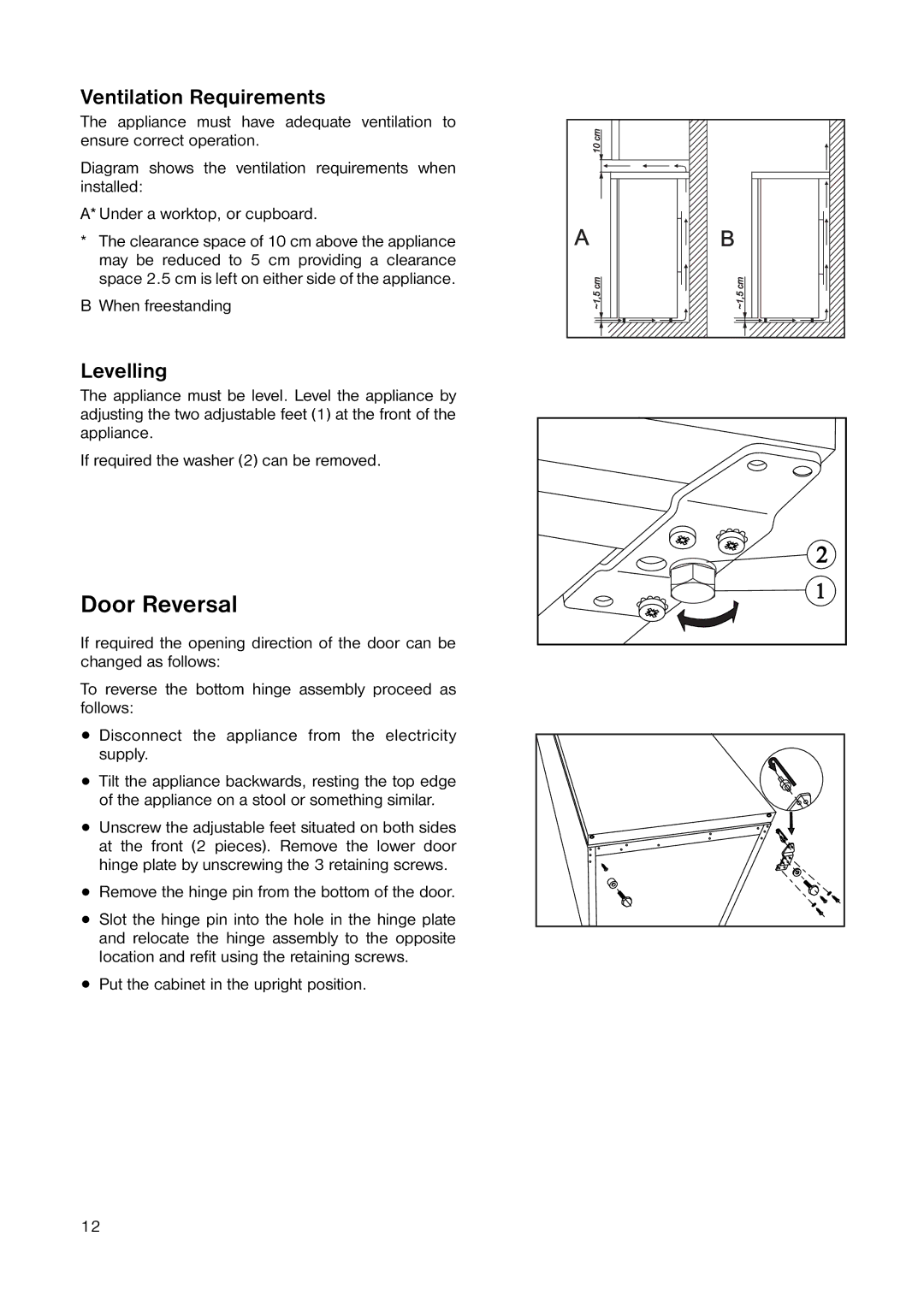 Electrolux ERT 1646 manual Door Reversal, Ventilation Requirements, Levelling 