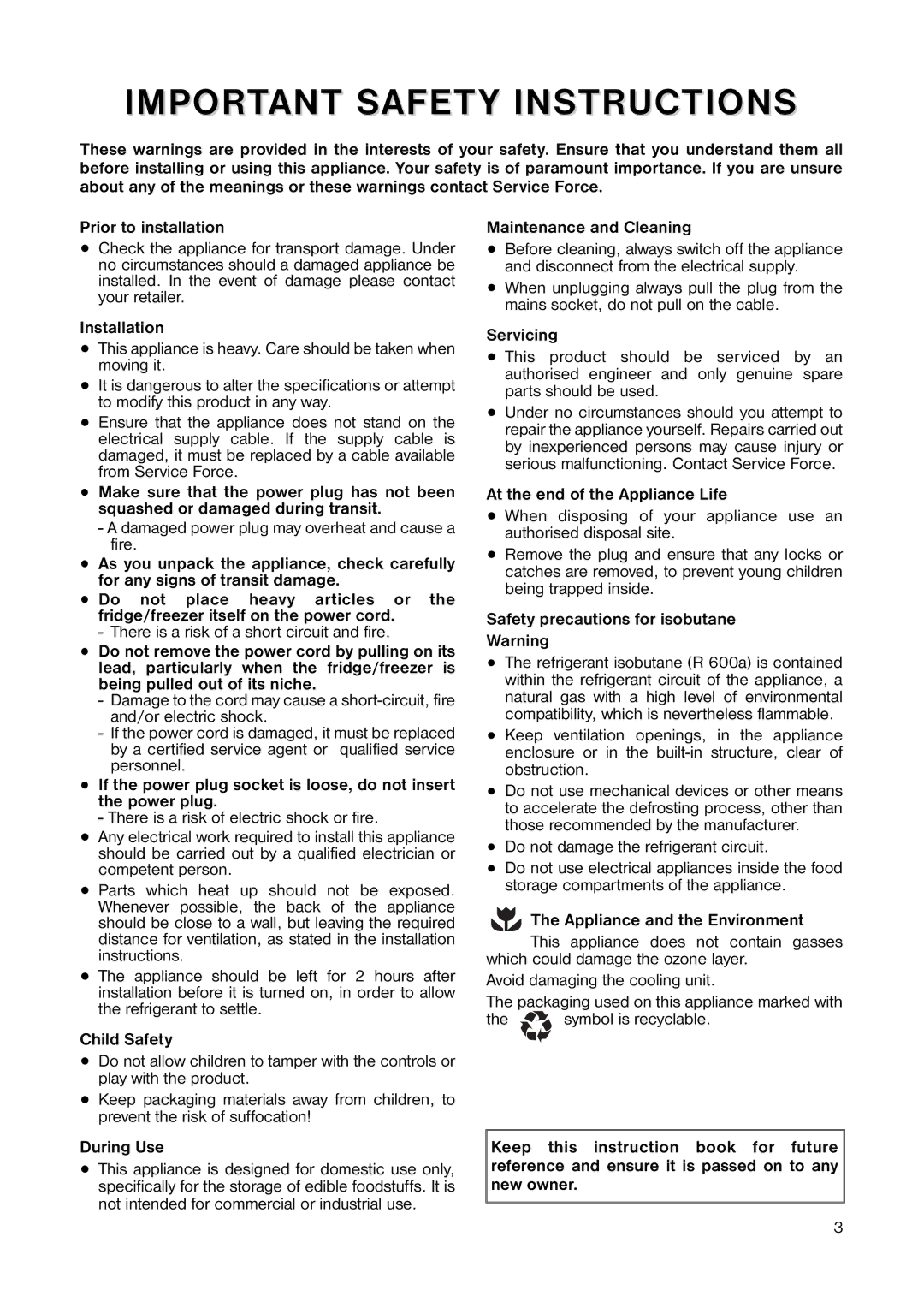 Electrolux ERT 1646 manual Installation, Child Safety, During Use, Servicing, At the end of the Appliance Life 