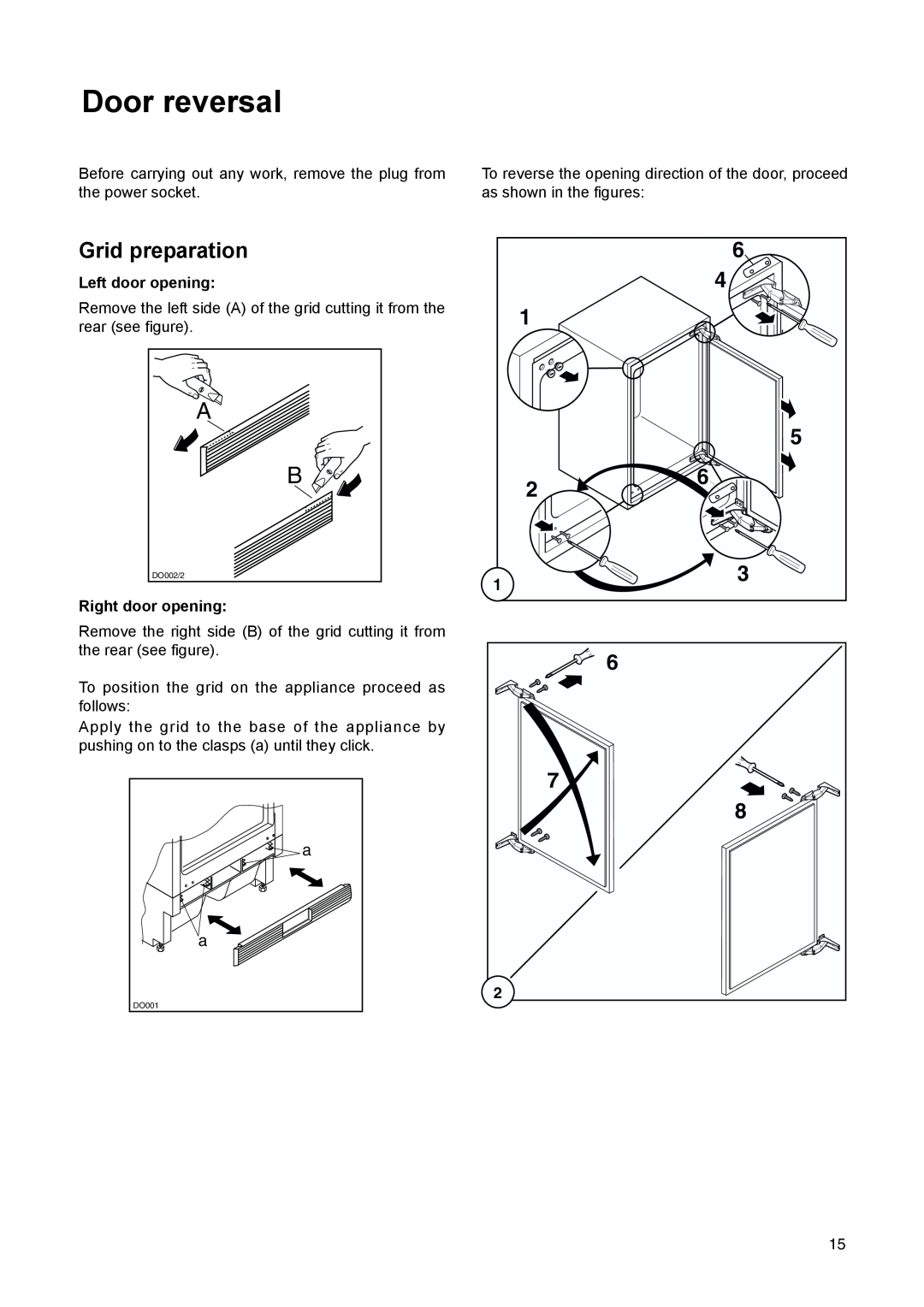 Electrolux ERU 13400 manual Door reversal, Grid preparation 