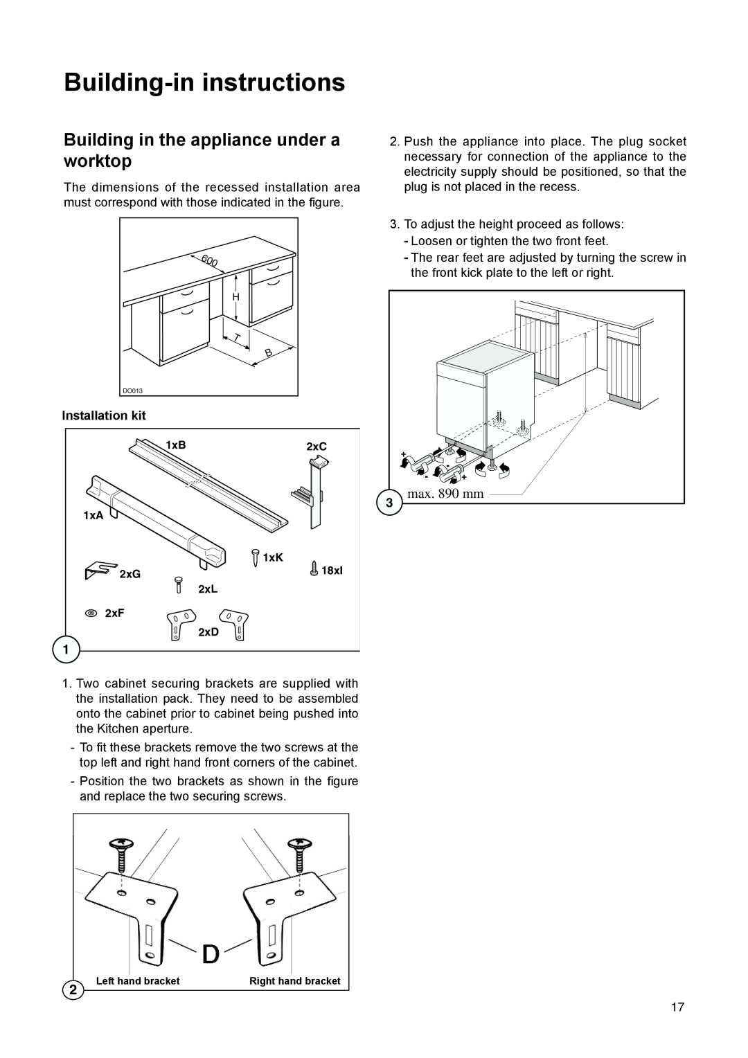 Electrolux ERU 13400 manual Building-in instructions, Building in the appliance under a worktop, max. 890 mm 