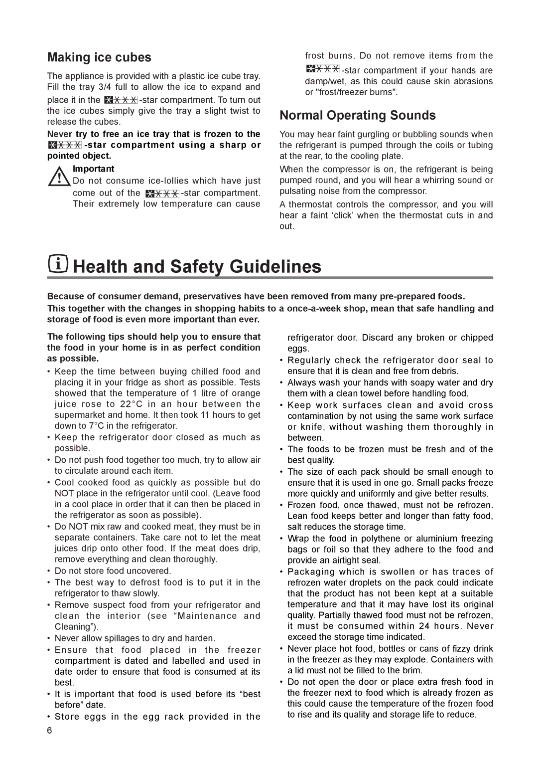 Electrolux ERU 6374 instruction manual Health and Safety Guidelines, Making ice cubes, Normal Operating Sounds 