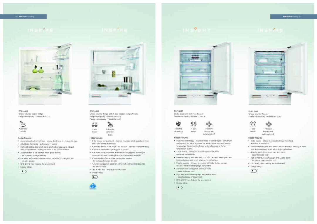 Electrolux eru14400 manual ERU14400 Under counter larder fridge, EUF10800 Under counter Frost Free freezer 