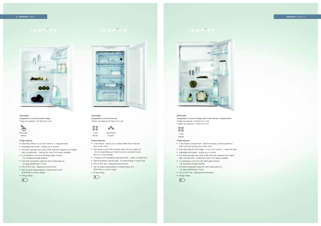 Electrolux eru14400 manual ERN16300 Integrated in-column larder fridge, EUN12300 Integrated in-column freezer 