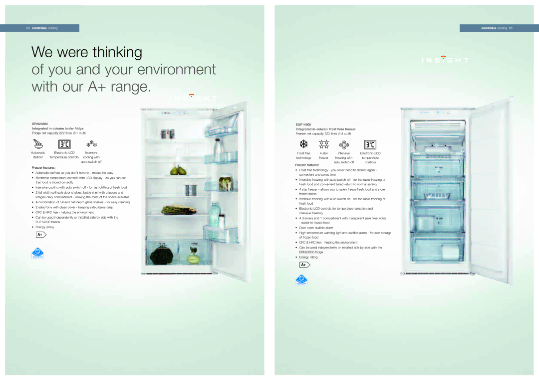 Electrolux eru14400 manual ERN23800 Integrated in-column larder fridge, EUF14800 Integrated in-column Frost Free freezer 