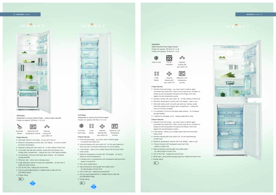 Electrolux eru14400 manual EUF23800 Integrated in-column Frost Free freezer, ENN26800 