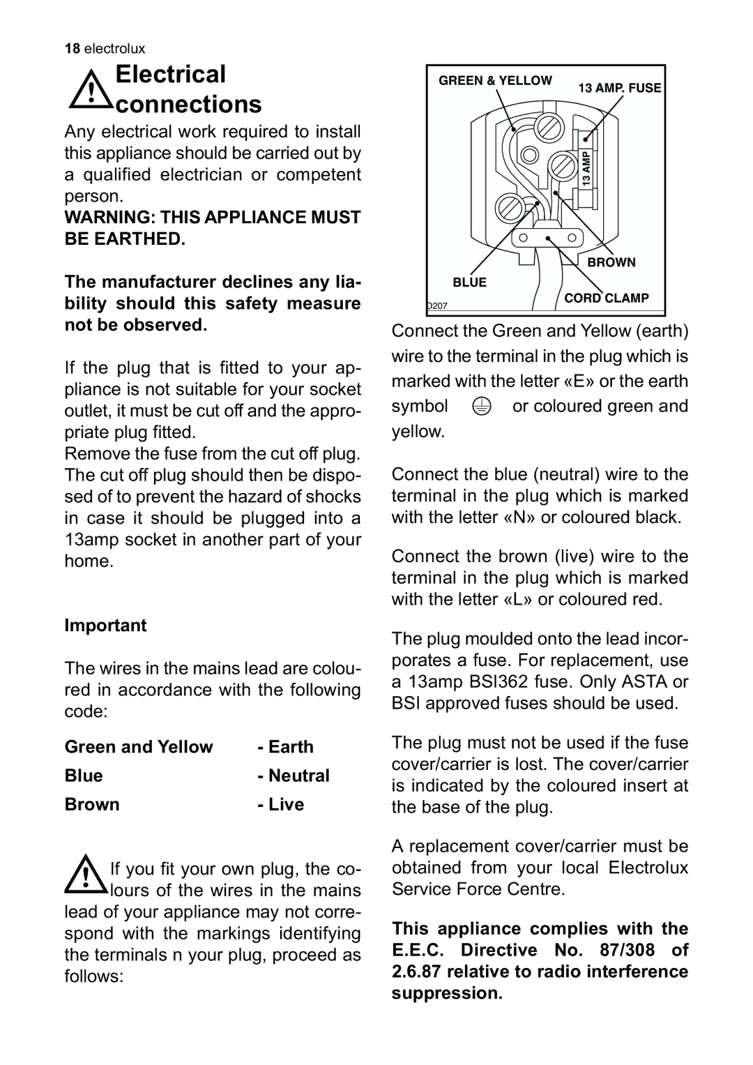 Electrolux ERW23900X, ERW23910X user manual Connections, Green and Yellow Blue Brown 