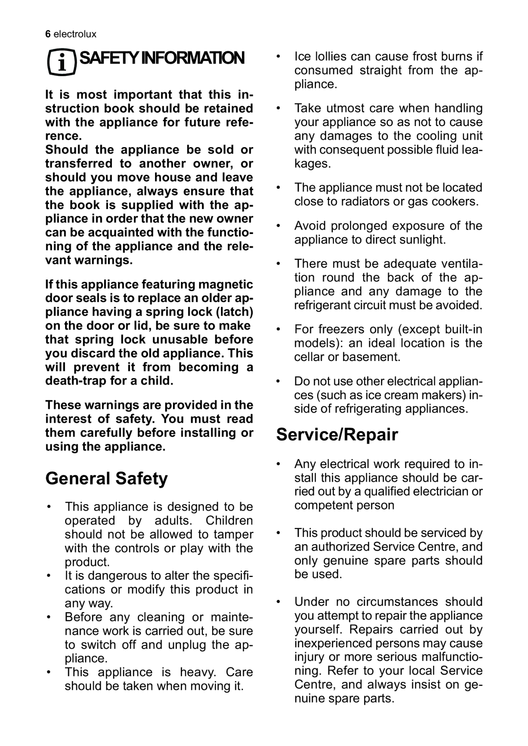 Electrolux ERW23900X, ERW23910X user manual General Safety, Service/Repair 