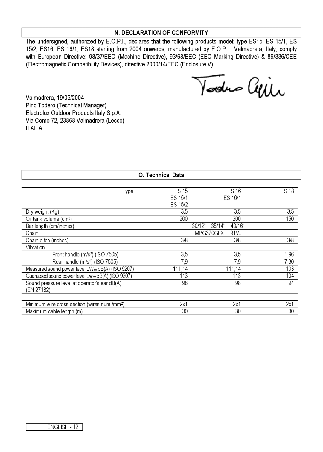 Electrolux ES 16/1, ES16, ES 15/1, ES18, ES15, ES 15/2 manual Declaration of Conformity, Technical Data 