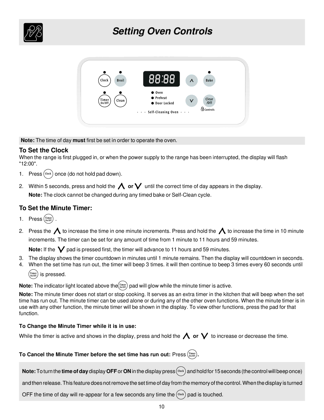 Electrolux ES200 important safety instructions Setting Oven Controls, To Set the Clock, To Set the Minute Timer 