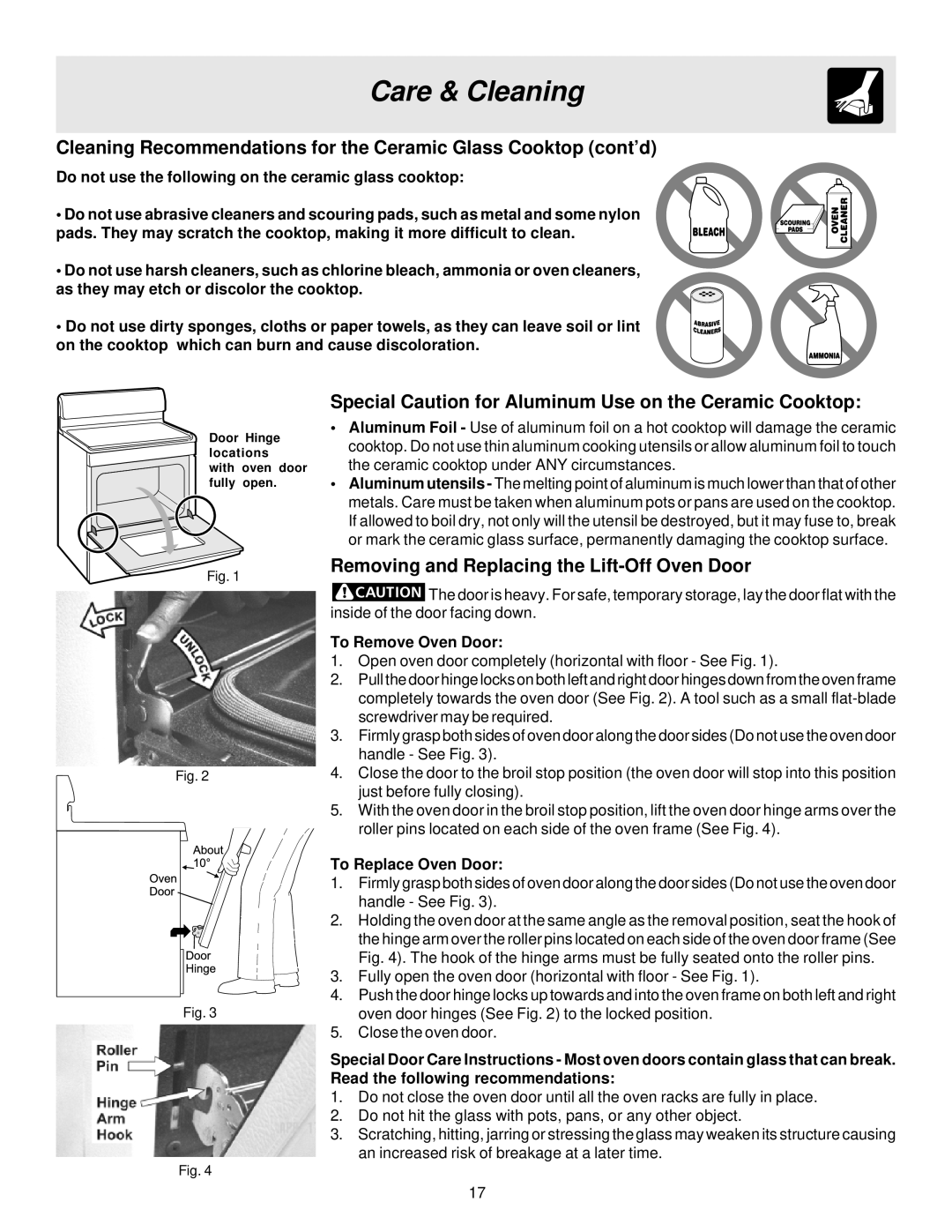 Electrolux ES200 Special Caution for Aluminum Use on the Ceramic Cooktop, Removing and Replacing the Lift-Off Oven Door 