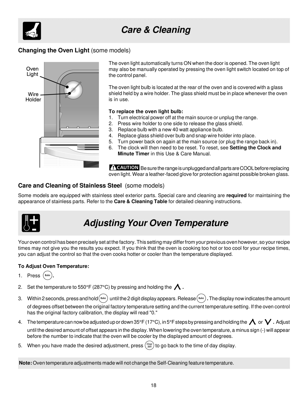 Electrolux ES200 Adjusting Your Oven Temperature, Changing the Oven Light some models, To replace the oven light bulb 