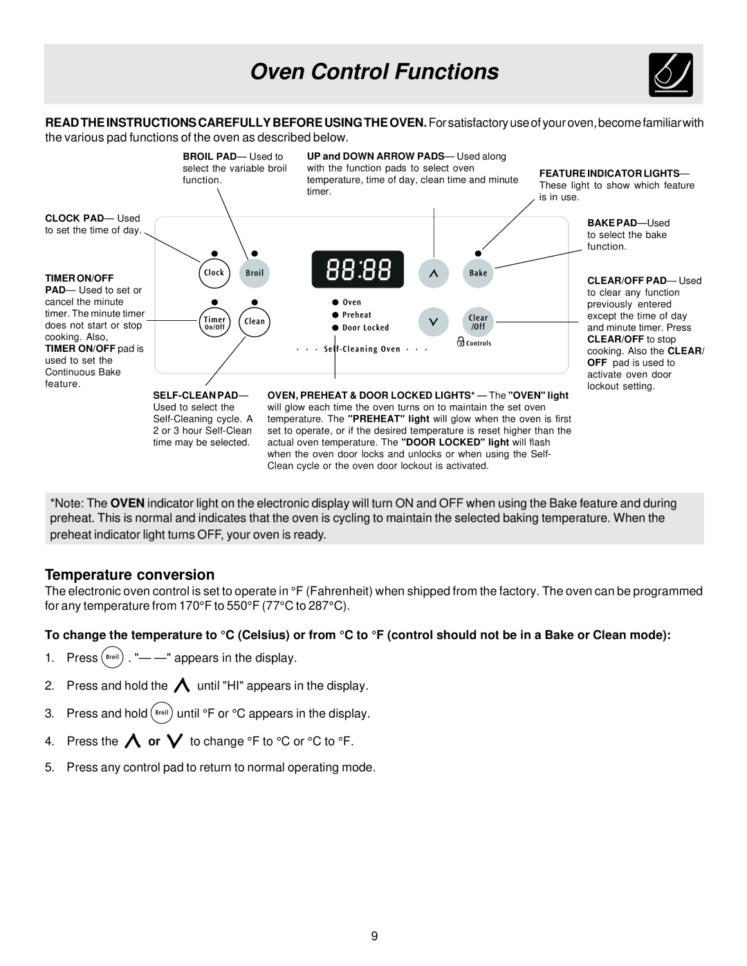 Electrolux ES200 important safety instructions Oven Control Functions, Temperature conversion 