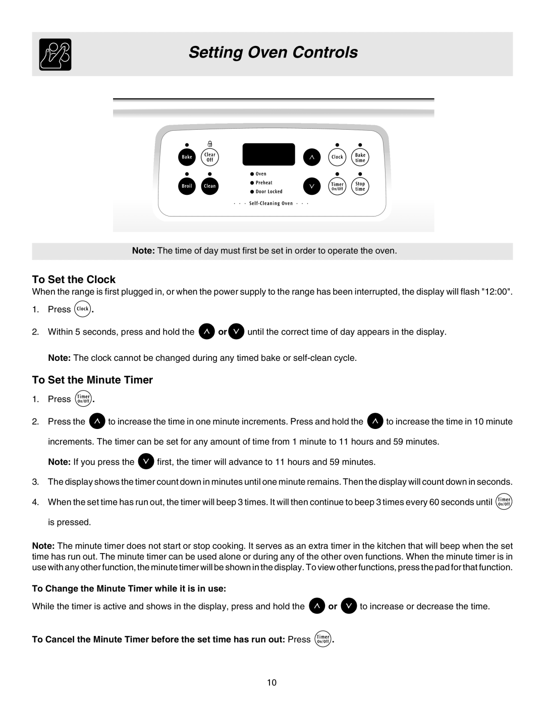 Electrolux ES200/300 manual Setting Oven Controls, To Set the Clock, To Set the Minute Timer 